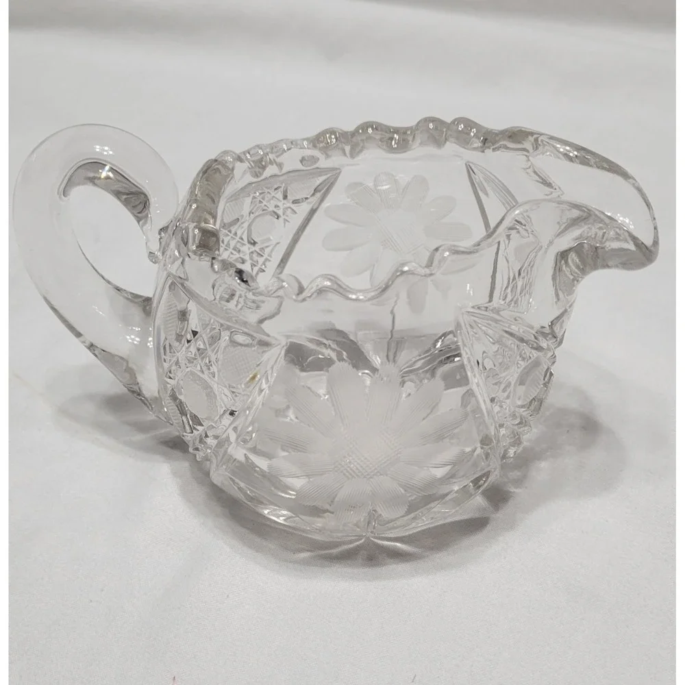 Clear Pressed Glass Floral Pattern Creamer with Handle, Decorative Round